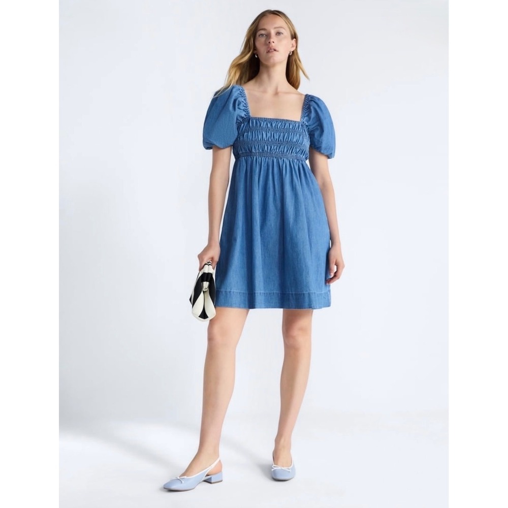 Free Assembly Women's Denim Puff‎ Sleeve Peasant Mini Dress Size S Blue